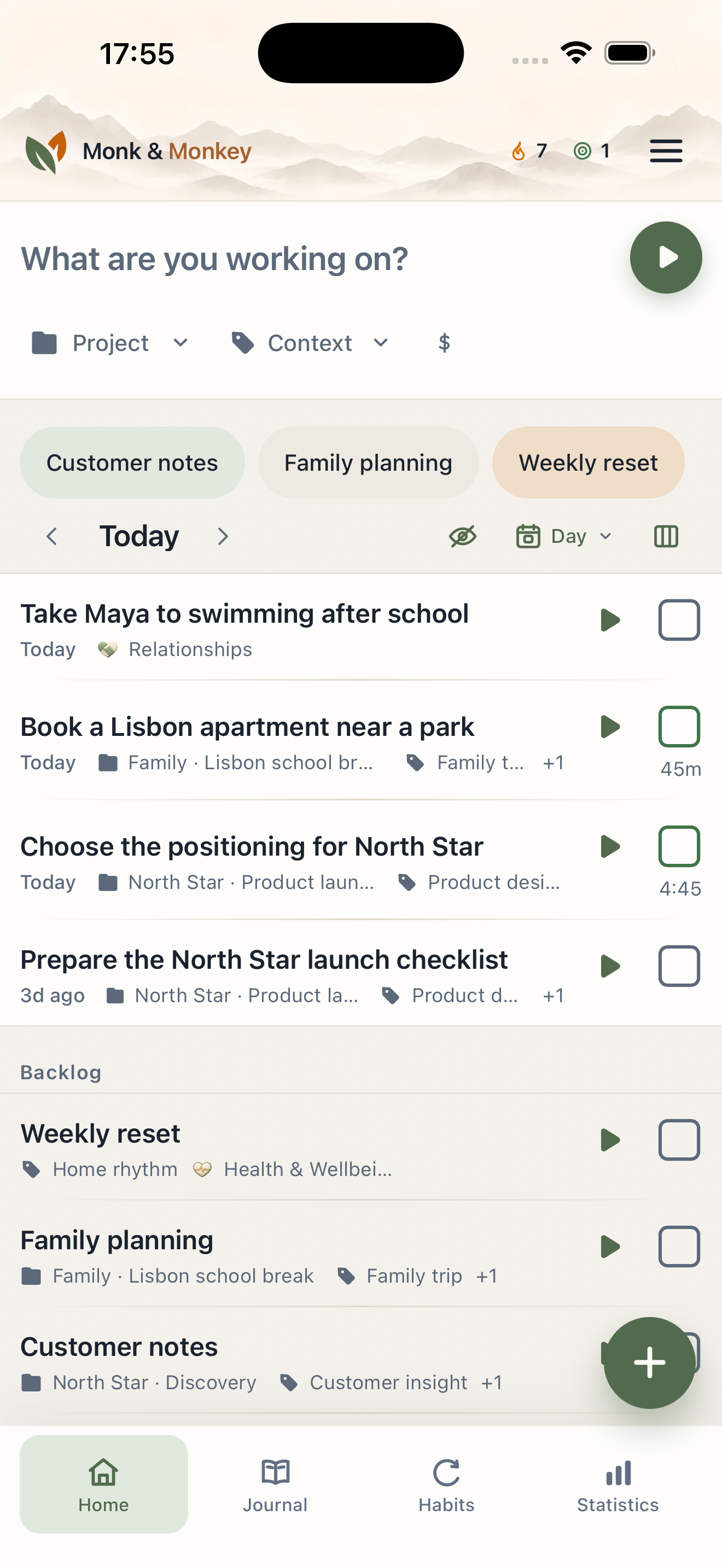 MonkAndMonkey iPhone home screen showing today’s tasks.