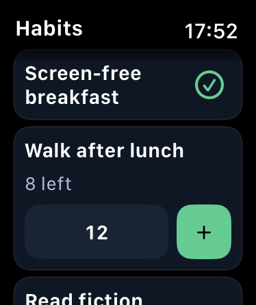 Apple Watch habits with a completed breakfast and progress toward a walk