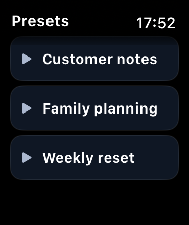 Apple Watch list of saved presets including family planning and weekly reset