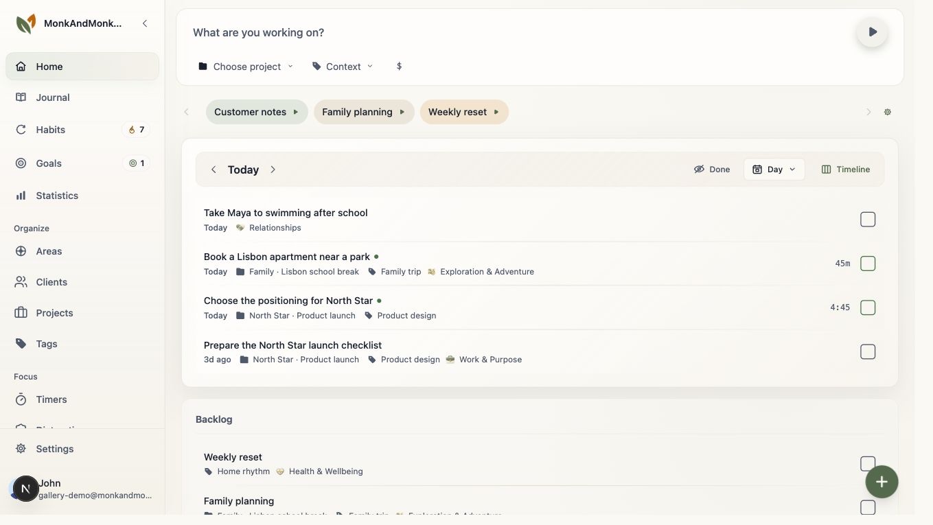 MonkAndMonkey dashboard showing today's tasks and focus start.