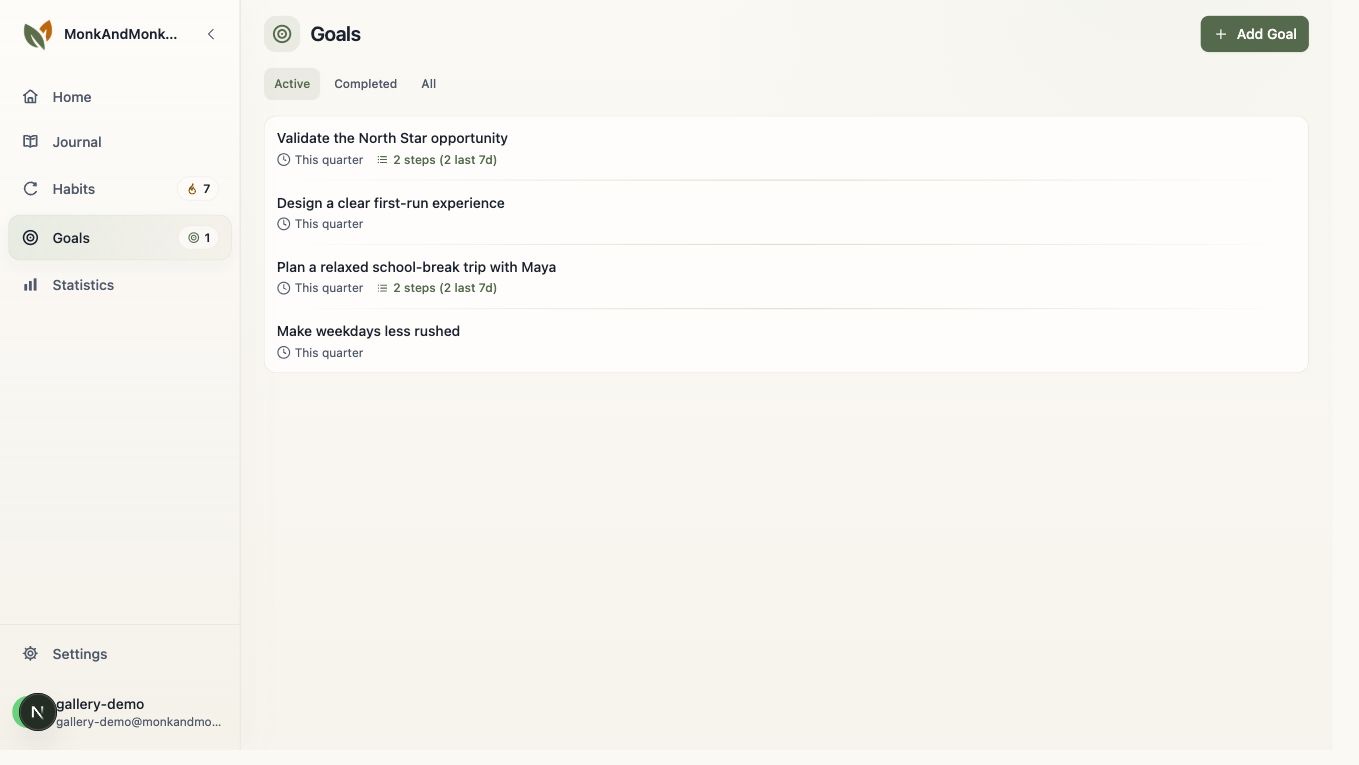 Monk & Monkey Goals screen with product and family goals