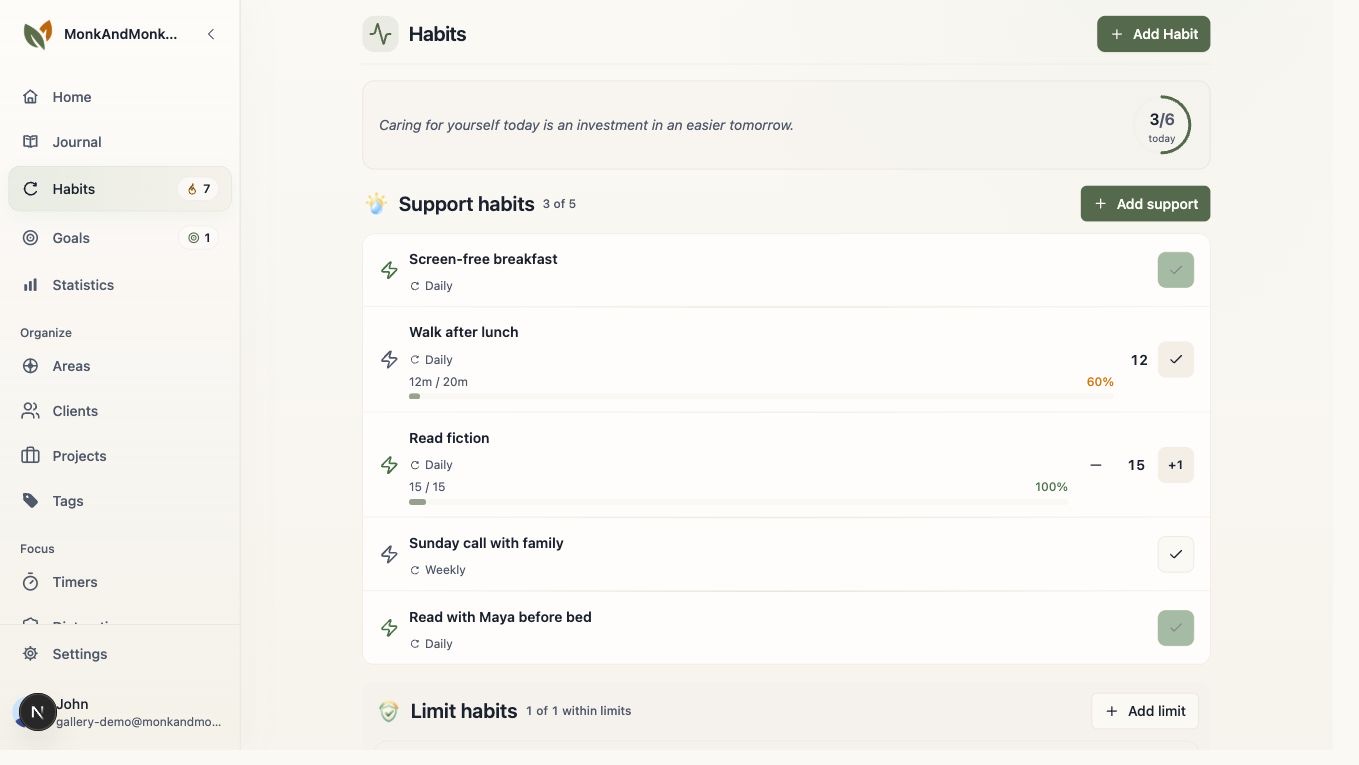 Monk & Monkey Habits screen with support habits, a walking target, and completed routines