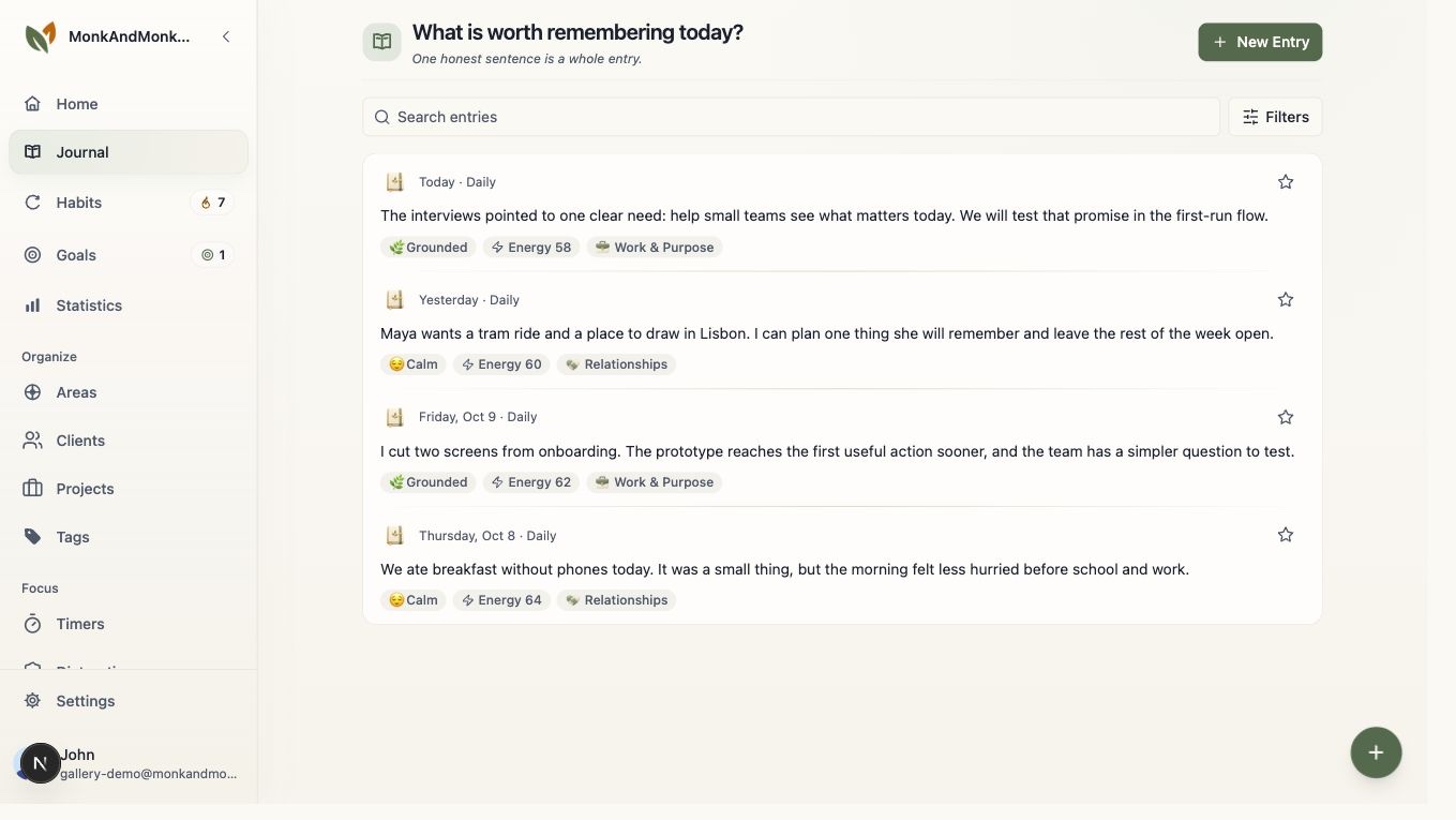 Monk & Monkey Journal with entries about product interviews, family plans, and daily moments