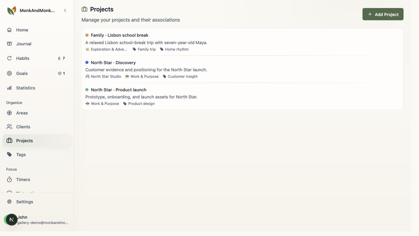 Monk & Monkey Projects screen showing family and work projects with life-area labels